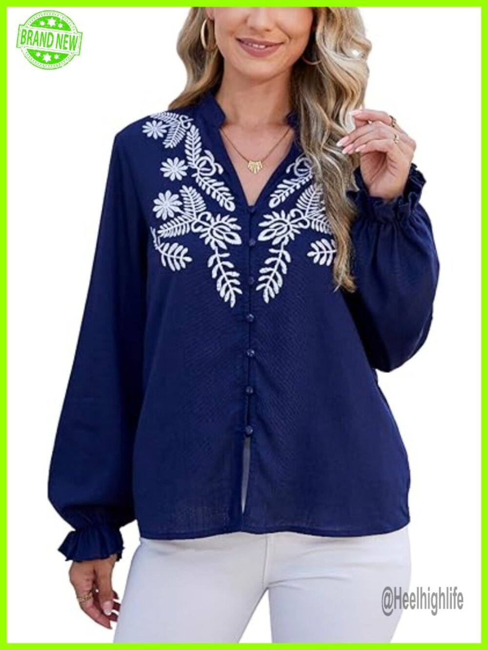 Floral Embroidery Linen V Neck Button Down Shirt Long Sleeve Boho Blouse